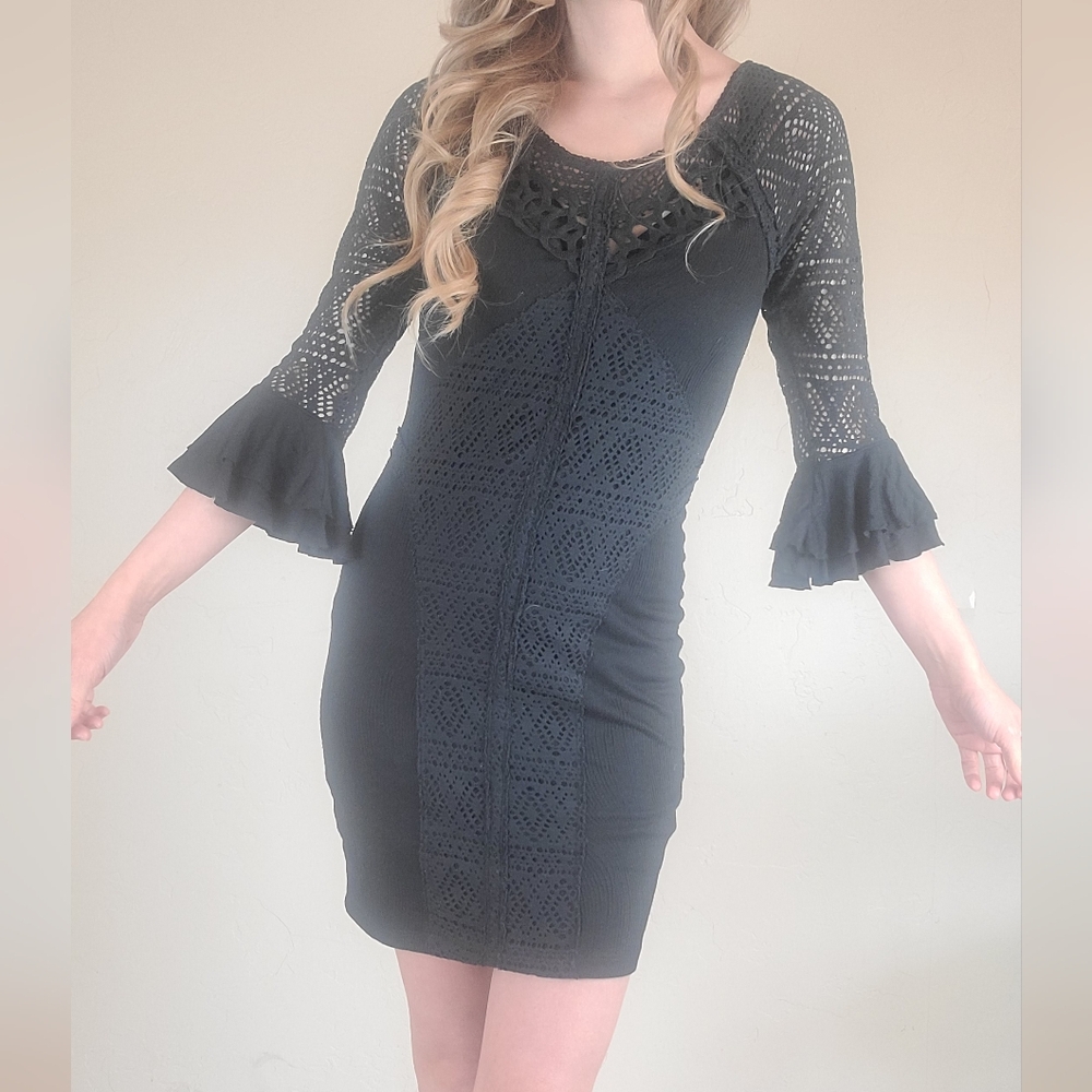Free People City Girl Black Bodycon Sexy Party Going Out Mini Dress Size Small